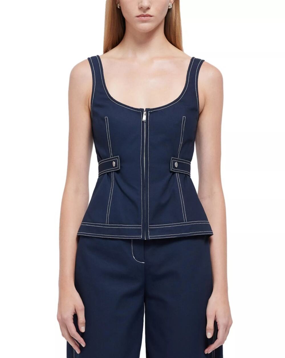 Simkhai Women Blue Contrast Seams Cotton Dolce Casual Sleeveless Zip Top Size 10